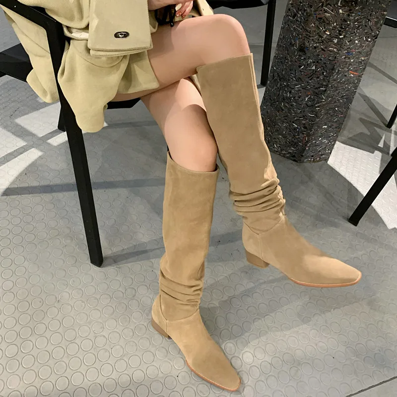Cow Suede Winter Botas French Style Spring Autumn Woman Boots Square Toe Knee- High Boots Woman Slip On Simple Pleated Shoes