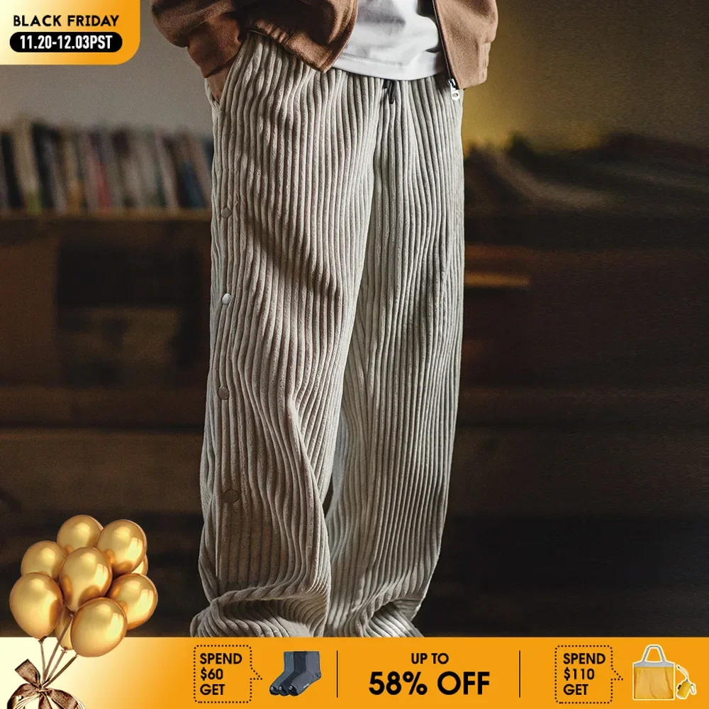 

Maden Retro Warm Corduroy Snap-up Sweatpants Loose Elastic Waist Sports Casual Straight-leg Fall Trousers for Men's Winter Pants