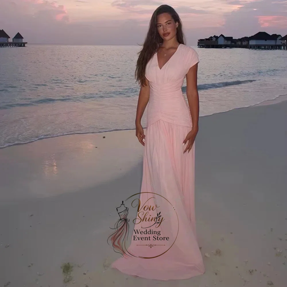 Vow Shiny Classic Blush V Neck Chiffon Evening Gown Dress A-line Short Sleeve Prom Dress Customized Wedding Guest Gown ﻿
