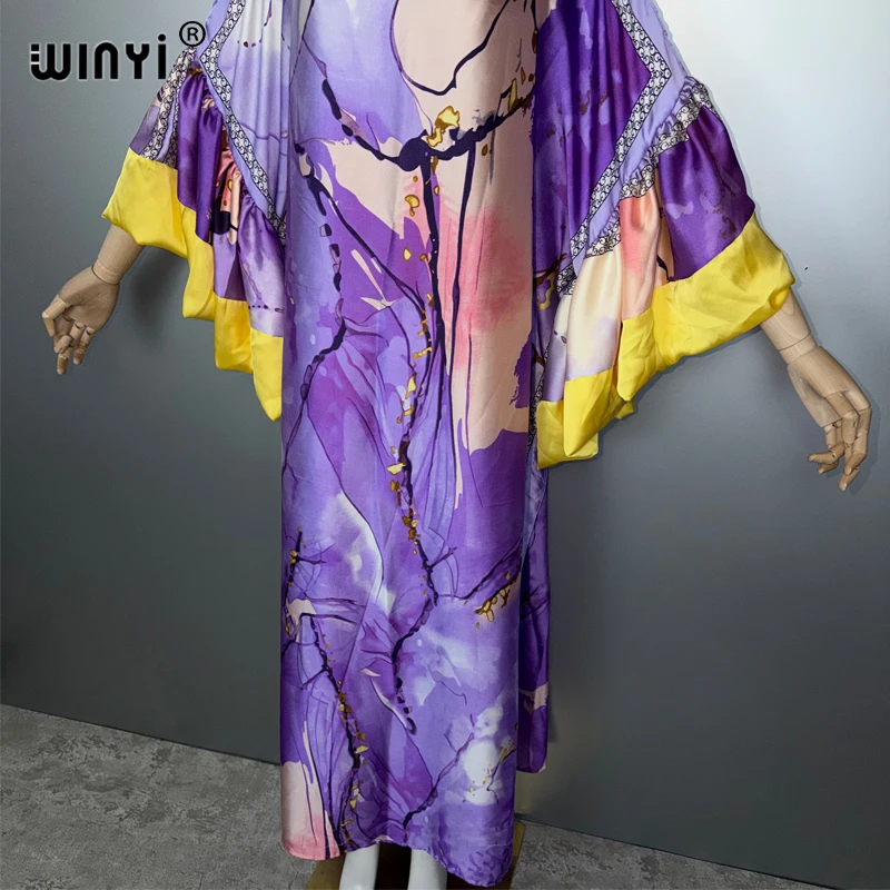 WINYI boho nuovo soffio (ed) maniche abito da sera abaya dubai lusso femminile allentato stampa caftano donna musulmana abbigliamento abito da spiaggia