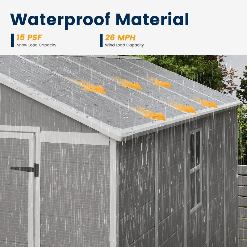 سقيفة حديقة من الراتنج مقاس 10 × 8 أقدام، تخزين خارجي مع أرضية للأدوات والدراجة