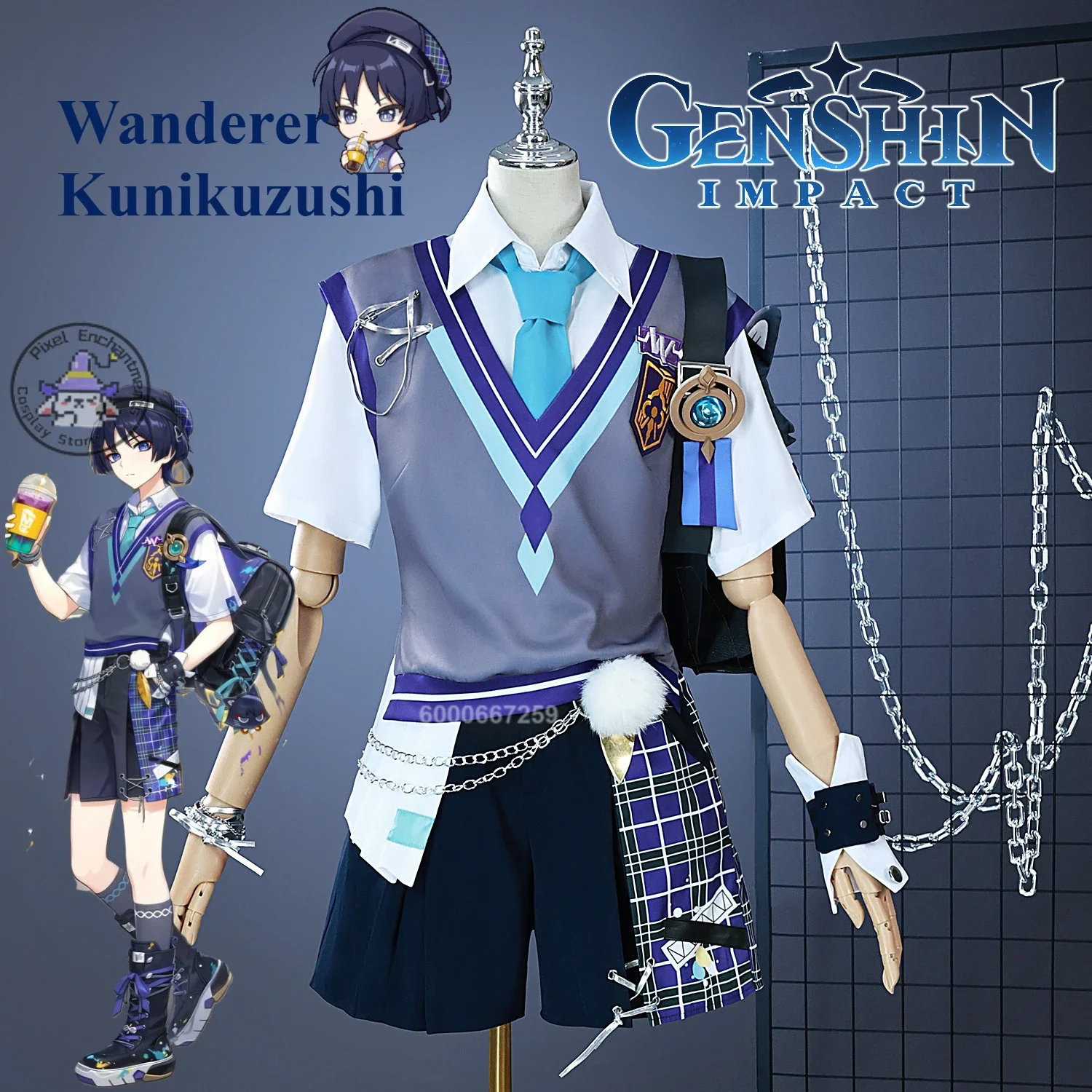 

Game Genshin Impact Wanderer Cosplay Costume Kunikuzushi Anime Role Play School Men Women Uniform Daily Wear Christmas Outfits