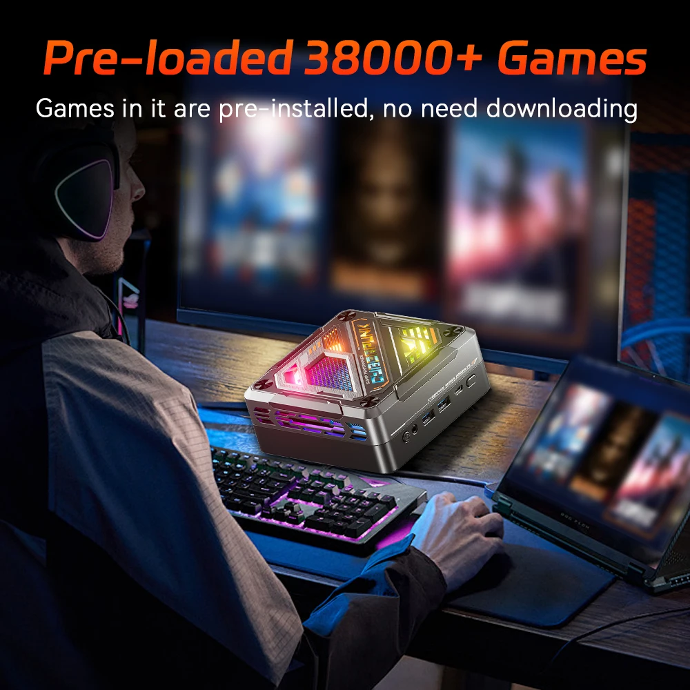 صندوق كمبيوتر ألعاب Cyberbox مع 38000+ لألعاب PS4/PS3/PS2/Switch/Saturn/N64/ التوصيل والتشغيل للتلفزيون WIN&Playnite & Retrobat Ryzen7 7840HS