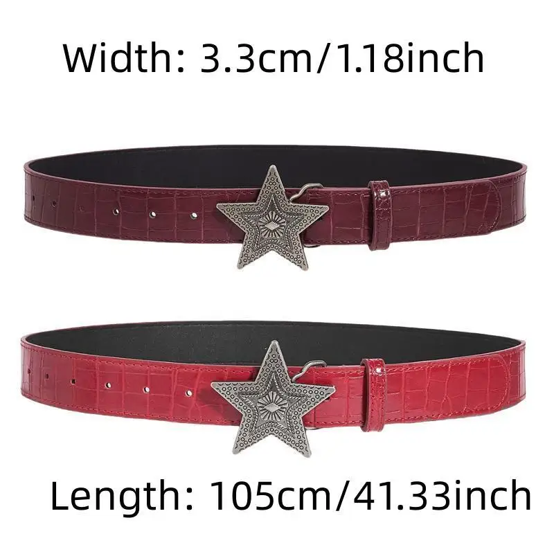 Width 3.3cm Hip-hop Retro Ladies Belt Gothic Punk Five-pointed Star Buckle Pu Leather Girdle Rock Y2k Red Waistband