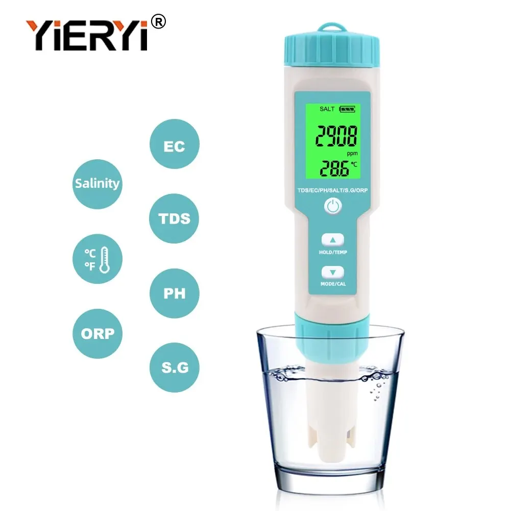 Yieryi TDS EC PH Salinity Meter ORP H2 S.G TEMP Water Quality Monitor Solution Fertilizer Resistivity Tester for Pools,Aquariums