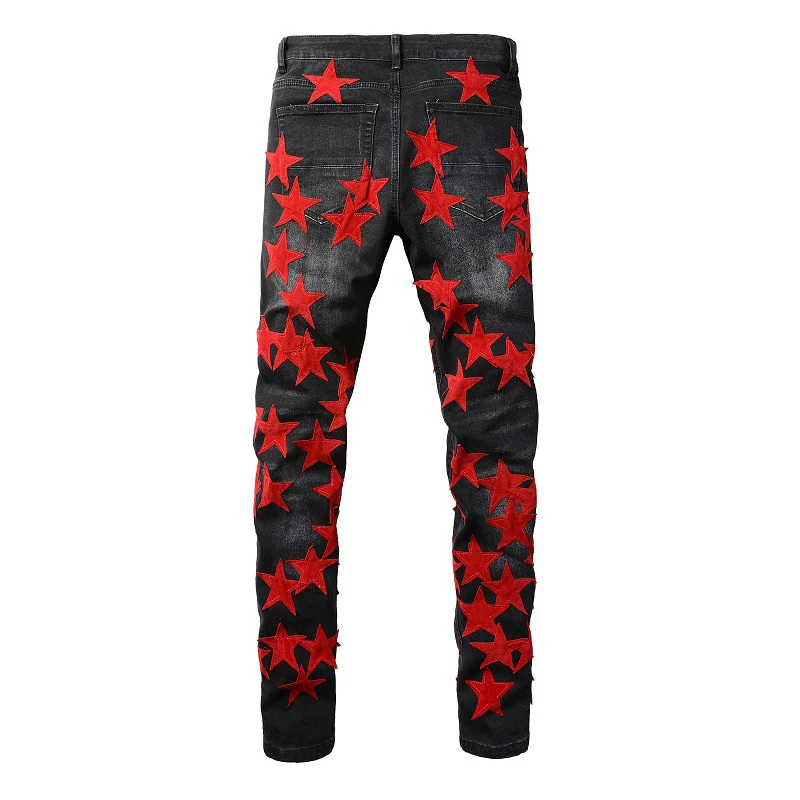 Men Red Stars Patches Stretch Denim Jeans Streetwear Holes Ripped Pants Skinny Tapered Trousers