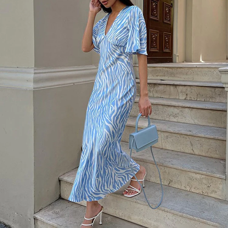 2024 New Arrival V-Neck Short SLeeve Women Summer Boho Vacation Long Dress Elegant Striped Maxi Dress Vestidos Clothes