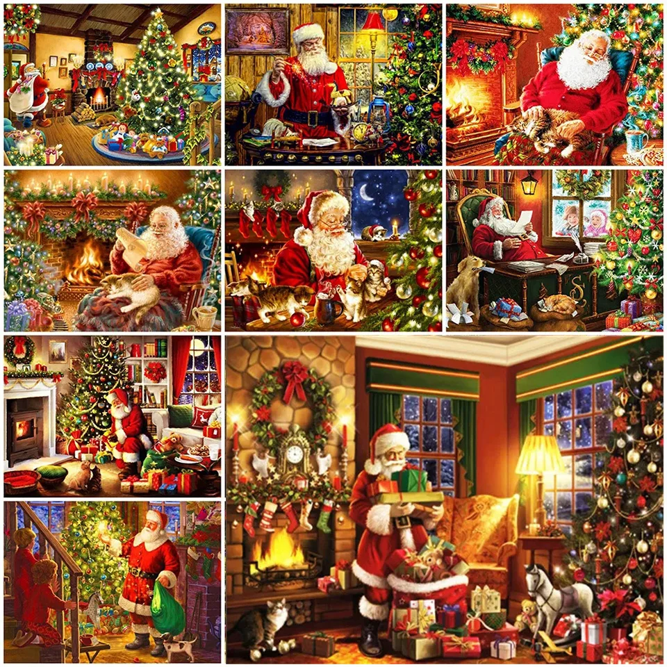 5D Full Square Diamond Embroidery Santa Claus Diamond Painting Christmas House Picture Of Rhinestone Handmade Gift