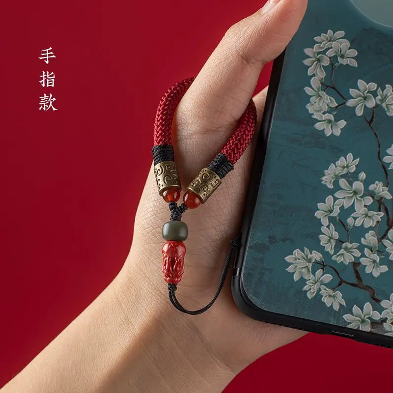 Handwoven Cinnabar Wealth Pi Xiu Short Phone Lanyard with Ring Wristband Vintage Chinese Style Keychain Protective Amulet Gift