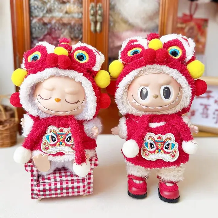 For 15/17cm Labubu Outfit Accessories Red Lion Dance New Year's Celebration Set Labubu Ropa Doll Clothes