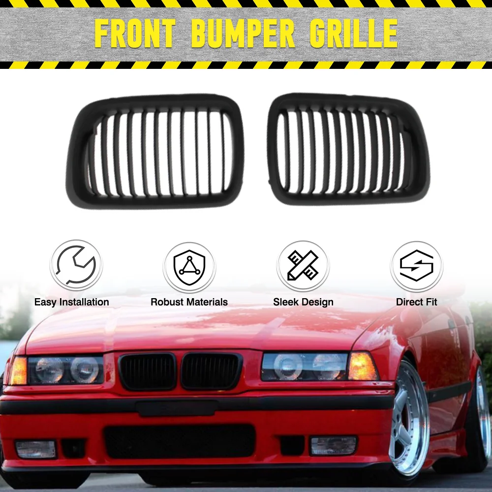 Car Front Bumper Sport Matte Black Kidney Grille Assembly Fit For BMW E36 3 Series 1997‑1999 Replacement Bumper Grille