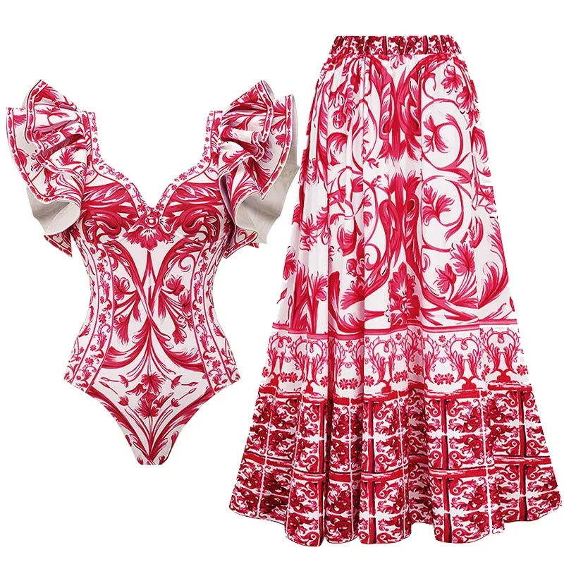 2024 Vintage  Baroco Style Printed One Piece Swimsuit and Skirt  Swimwear Set Women Beachwear Luxury Bathing Suit