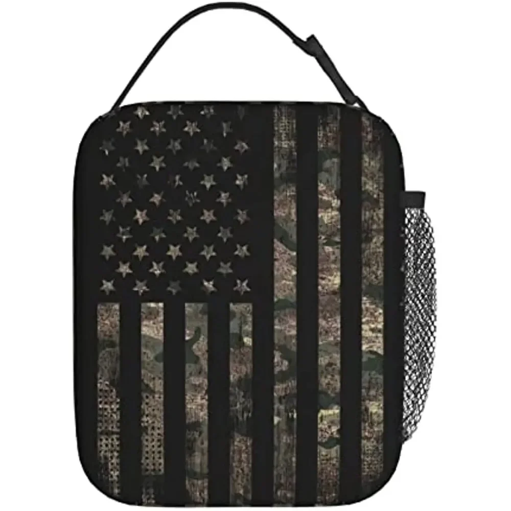 Camouflage Hunting Tactical Camo American Flag Portable Lunch Bag Insulated Lunch Box Reusable Totes For Women Men Work Picnic