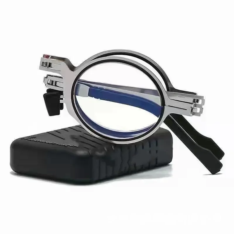 Unisex Faltbare Lesebrille Transparente Gläser Vollmetallrahmen Anti-Blaulicht Mit Etui für Männer und Frauen