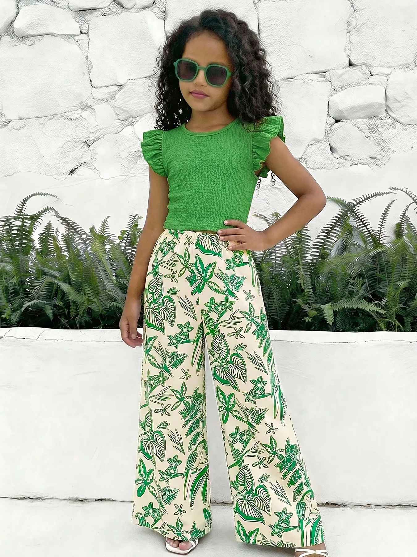 Girls 2-Piece Summer Outfit Set, Ruffle Sleeve Smocked Green Crop Top & Tropical Plant Bird Print Wide Leg Pants