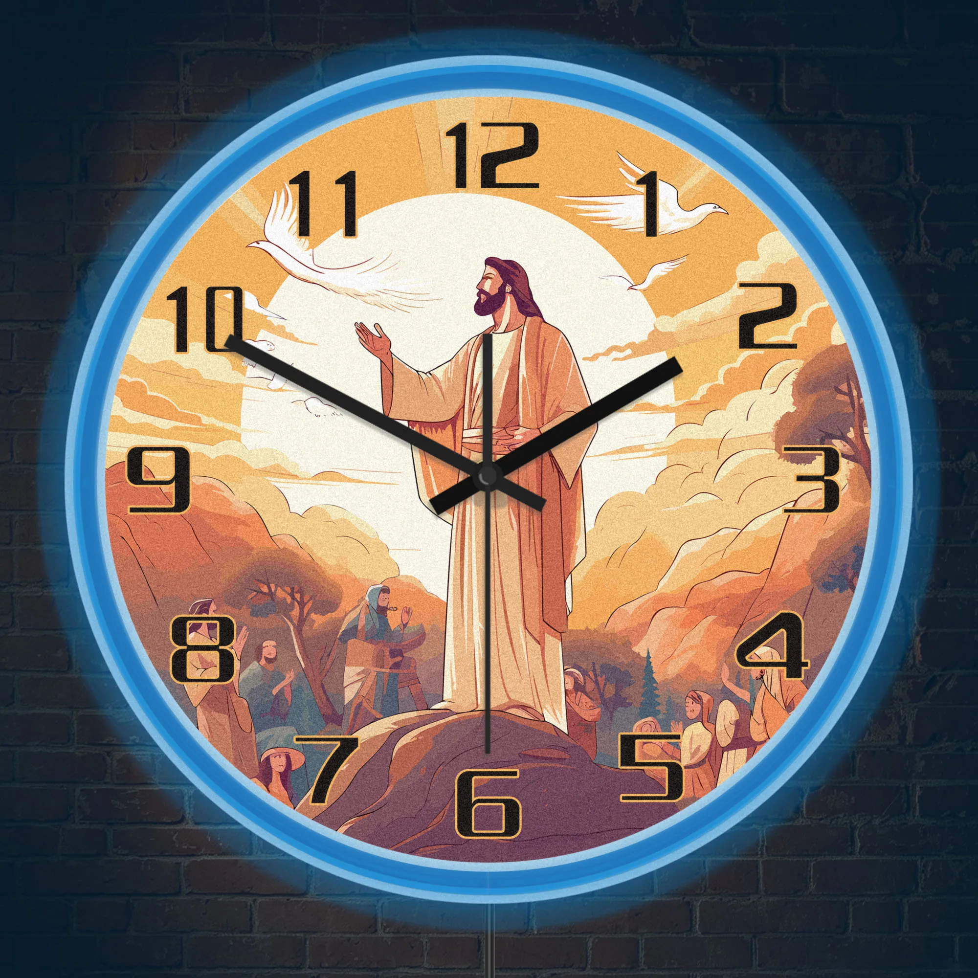 Jesus Sermon On The Mount LED Neon Light Wall Clock For Prayer Room Christian Faith Illuminated Sign Religious Wall Decor Clock