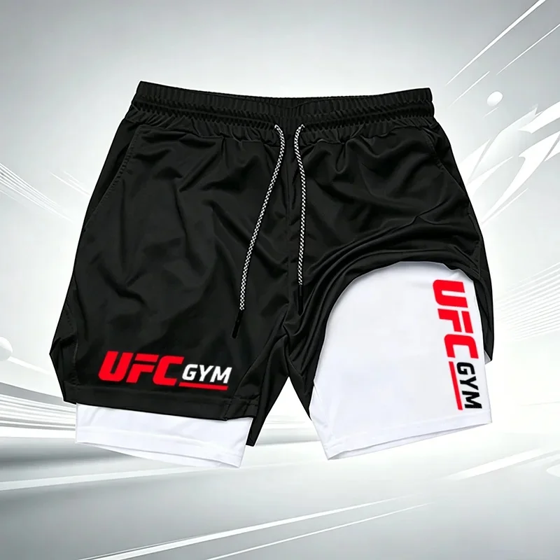 Men's Summer UFC GYM Print 2-in-1 Compression Liner Shorts Quick Dry Gym Training Workout Breathable Running Shorts wx241