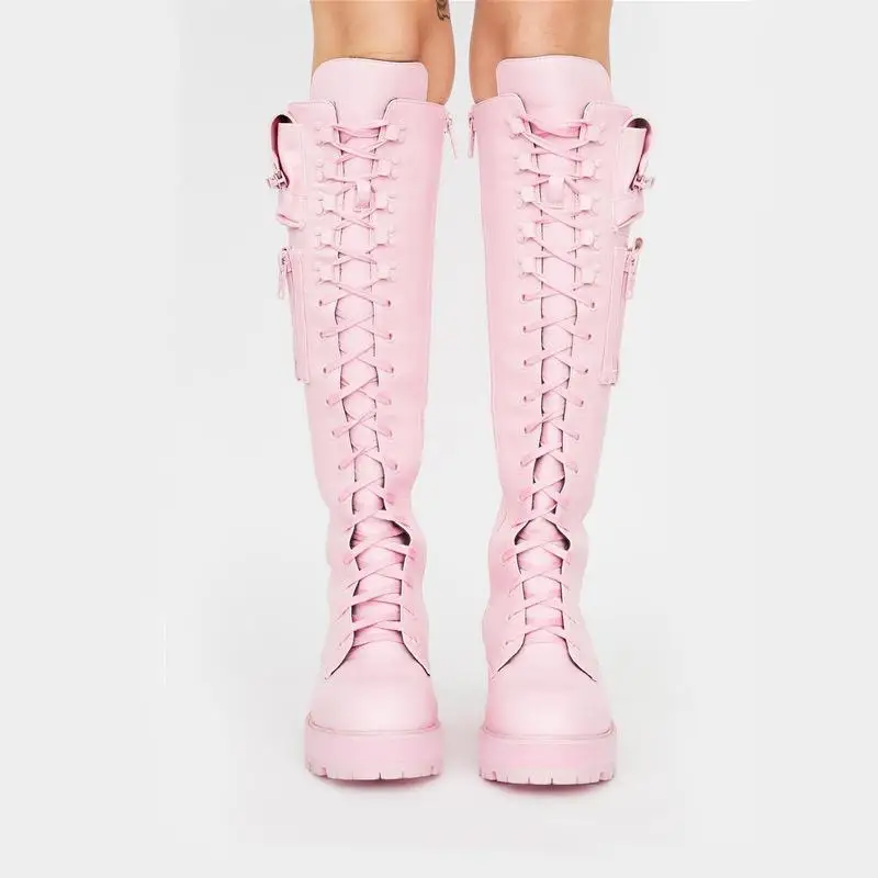 Fashion Pink Leather Side Zipper Pocket Knee Boots Low Square Heels Belt Cross Tie Women Punk Boots platform sole Knight Boots