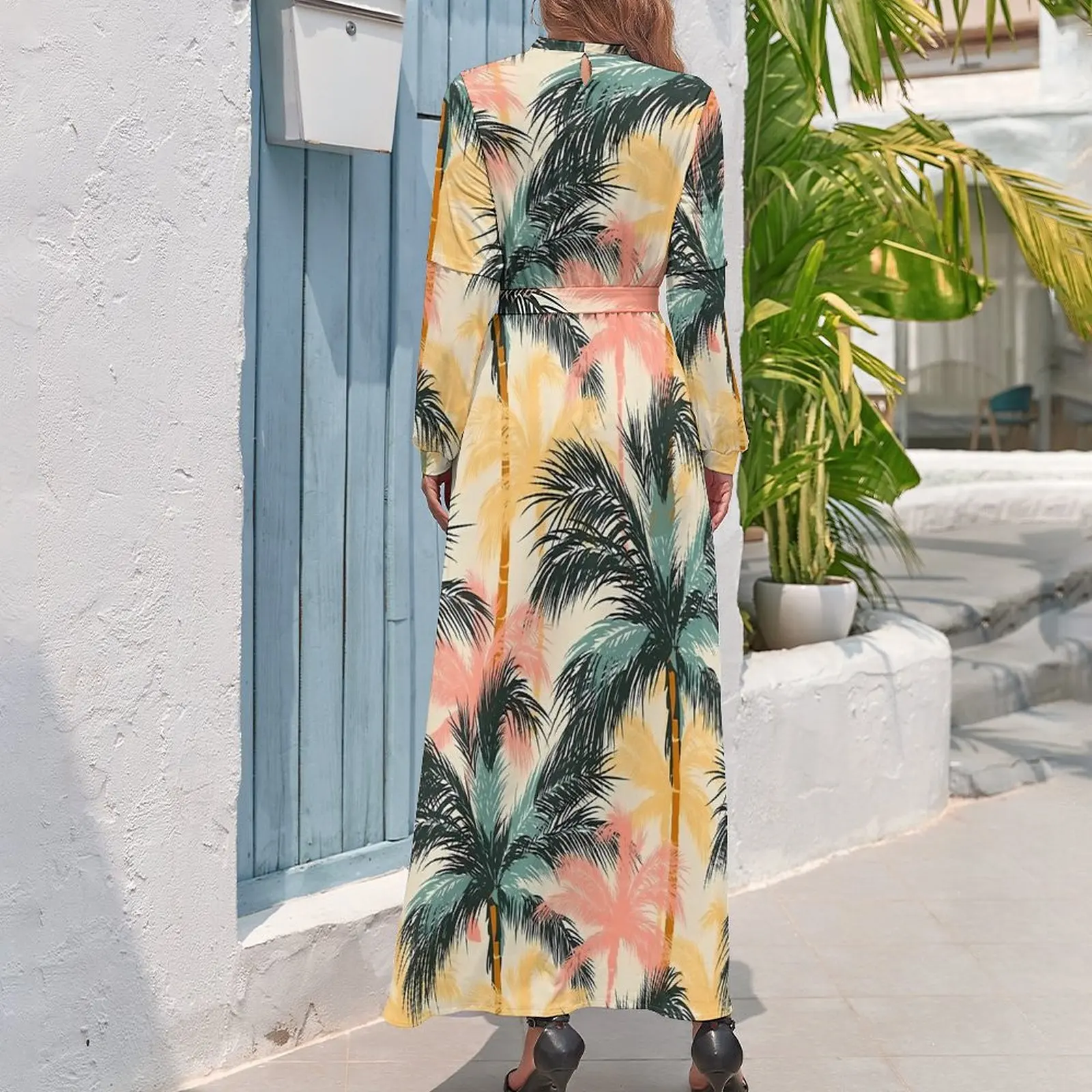 Abstract Palm Trees Print Dress Long Sleeve  Elegant Maxi Dress High Waist Streetwear Graphic Boho Beach Long Dresses Gift Idea