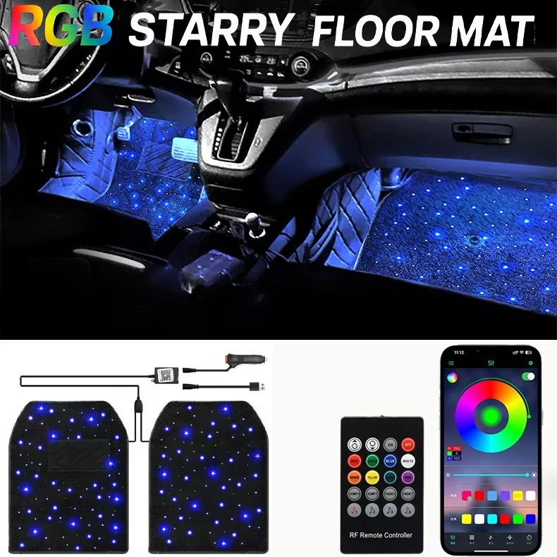 2/4PCS Fiber Optic Twinkle Car Mats WaterProof LED Star Rugs APP Remote Control RGB Music Sync Universal Fit for SUV Sedan Van