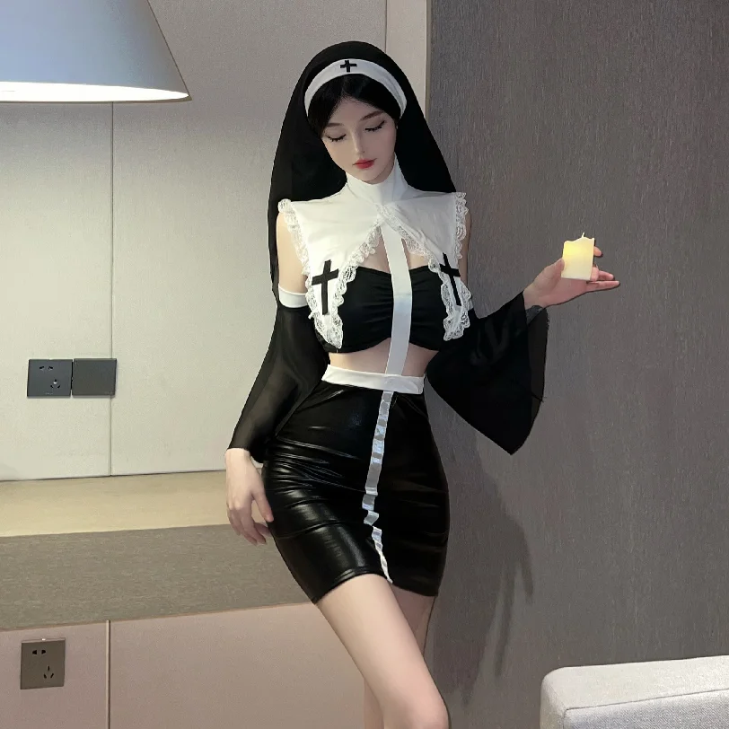 

Sexy Halloween Cosplay Roleplay Dark Leather Nun Suit Underwear Adult Entertainment Full Set Costume for Men And Women