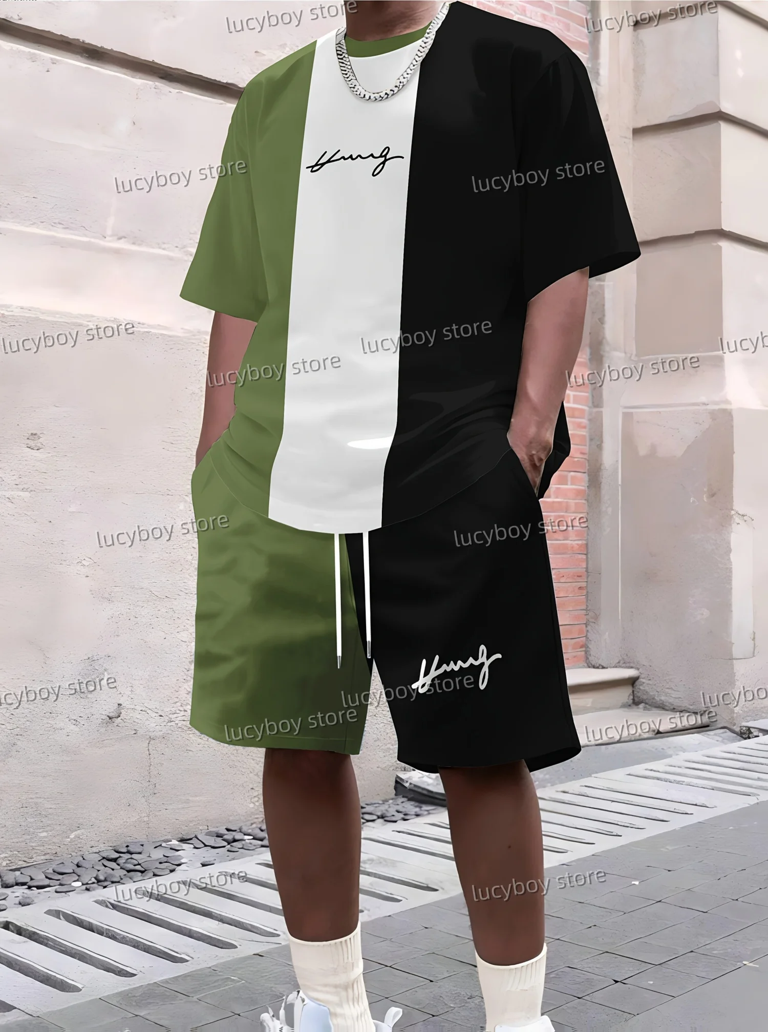 

2025 Summer Color Blocked Stripes Print Men's Tracksuit 2 Pieces Set Casual Sport T-Shirt Shorts Set Men's Jogging Men Clothes