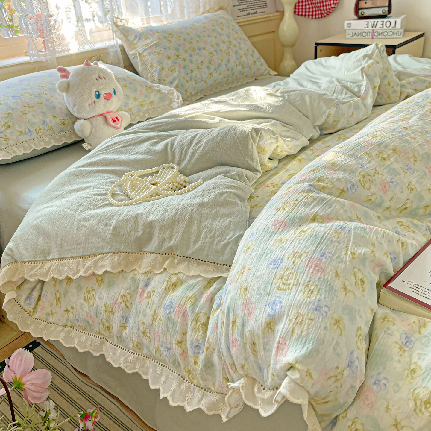 Floral Bedding Set Korean Style Duvet Cover Set Bed Linen Set Flat Sheets Set 2 Pillowcases Single Double Queen Size For Student