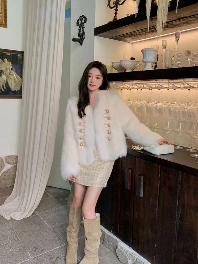 Chic White Women Faux Fur Jacket Pearl Button Coat Collarless Long Sleeve Cropped Loose Luxury Cozy Winter Outerwear Top