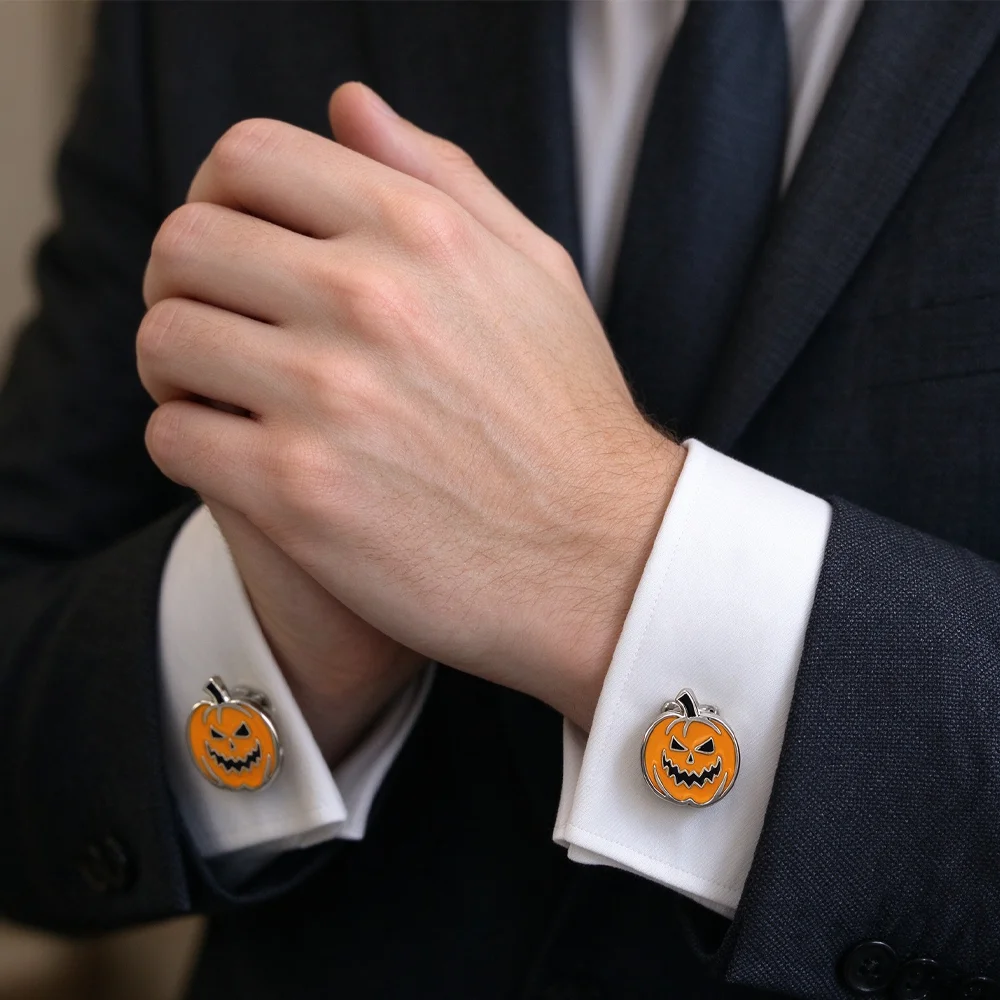 Halloween Pumpkin Cufflinks Orange Enamel Metal Men Shirt Cuff Links Funny Design Suit Decor Holiday Party Gift