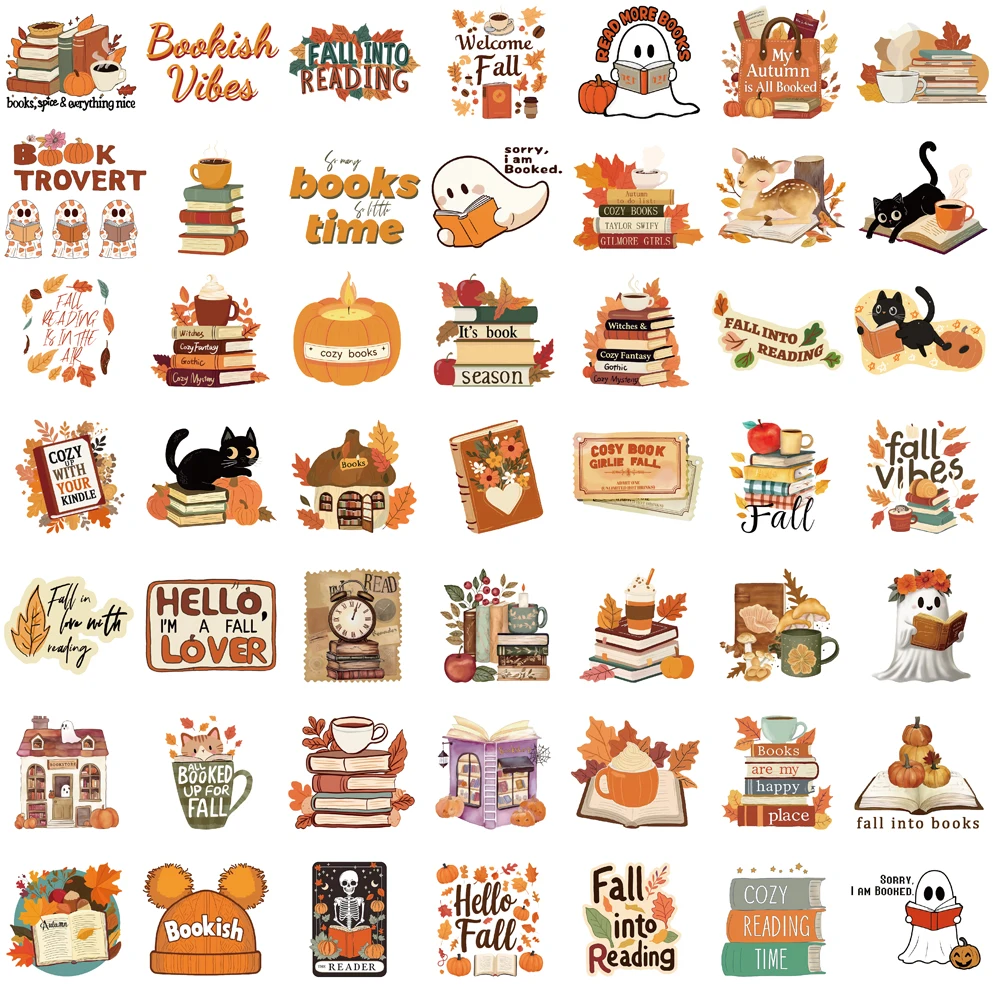 100 Stück Buchliebhaber-Herbst-Graffiti-Aufkleber Cartoon Notizbuch-Dekoration Niedliche Bücher Gepäck Notizbuch Handy PET Wasserfeste Aufkleber