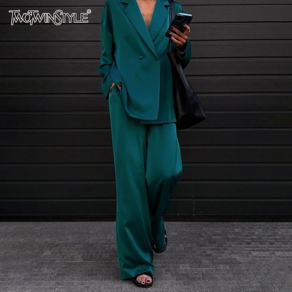 TWOTWINSTYLE Solid Two Piece Set for Women Lapel Long Sleeve Blazer High Waist Wide Leg Pant Loose Sets Female