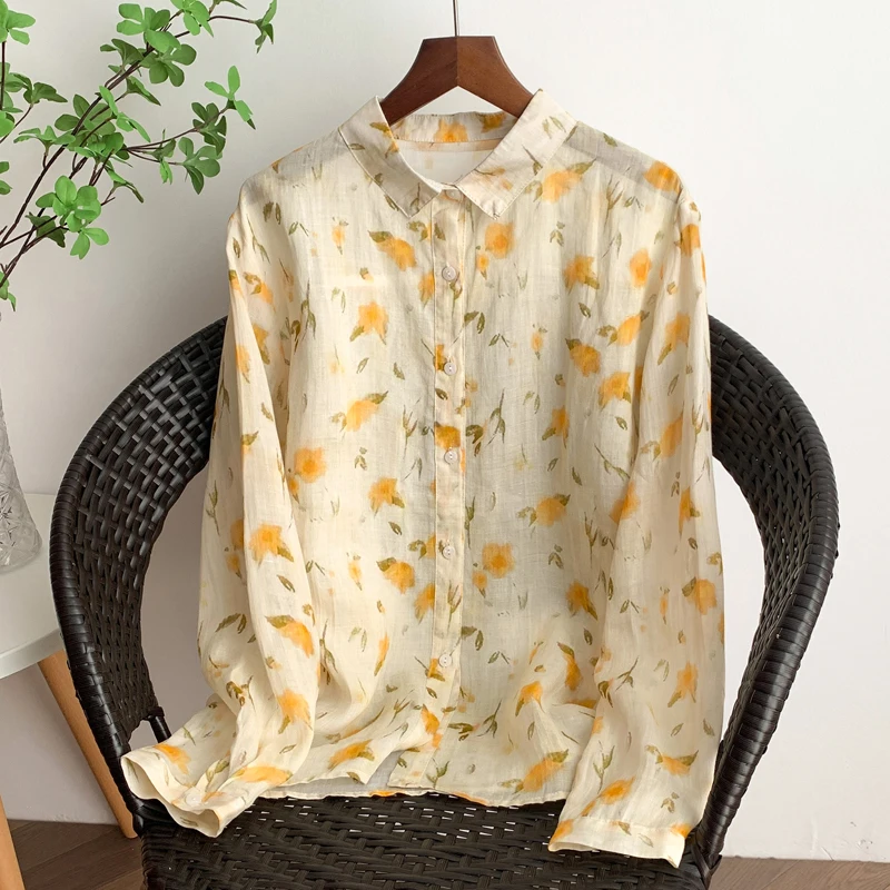 

Новая весенняя повседневная свободная рубашка с длинным рукавом и цветочным принтом: модный дизайн для ценителей, универсальный топ для любого образа, простая весенняя женская мода.