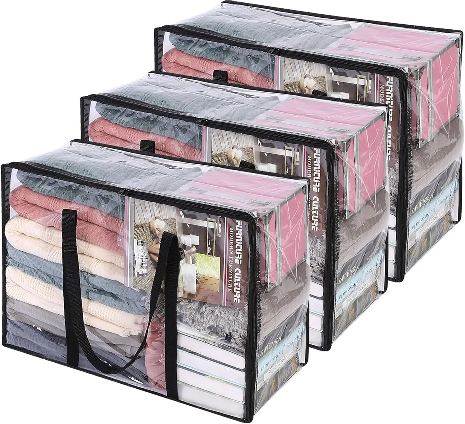 Paquete de 3 Bolsas Transparentes para Guardar Ropa, Bolsa de Almacenamiento de Plástico de 40L con Cierre, Organizador de Armario Plegable para Mudanza