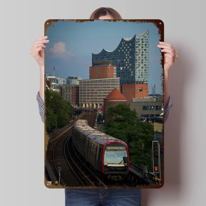 Hamburg U3 Subway With Elbphilharmonie Poster Customized Vintage Metal Signs Wall Art Retro Tin Plaque for Home Decorations Room