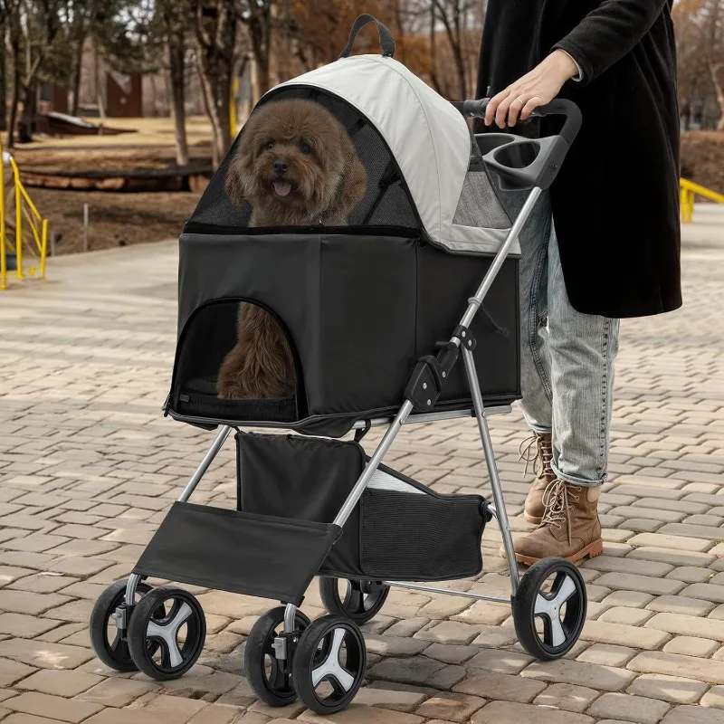 3 in 1 Foldable Pet Stroller for Small & Medium Dogs, Detachable Carrier, Car Seat, Push Button Entry, 4-Wheel Jogger for Pets