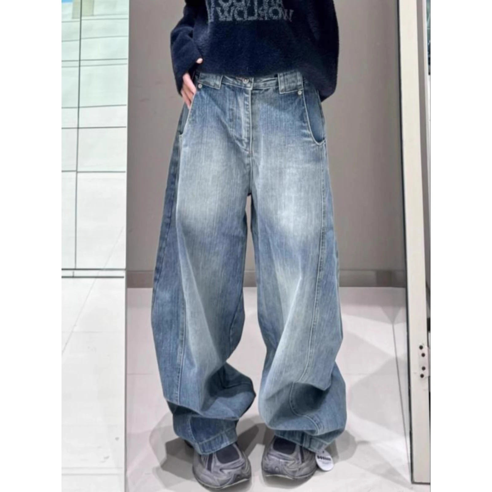 

Retro Waed Knife Denim Jeans Loose Wide Leg Long Pants American Sle Men's Casual Trousers for Couples Autumn Winter