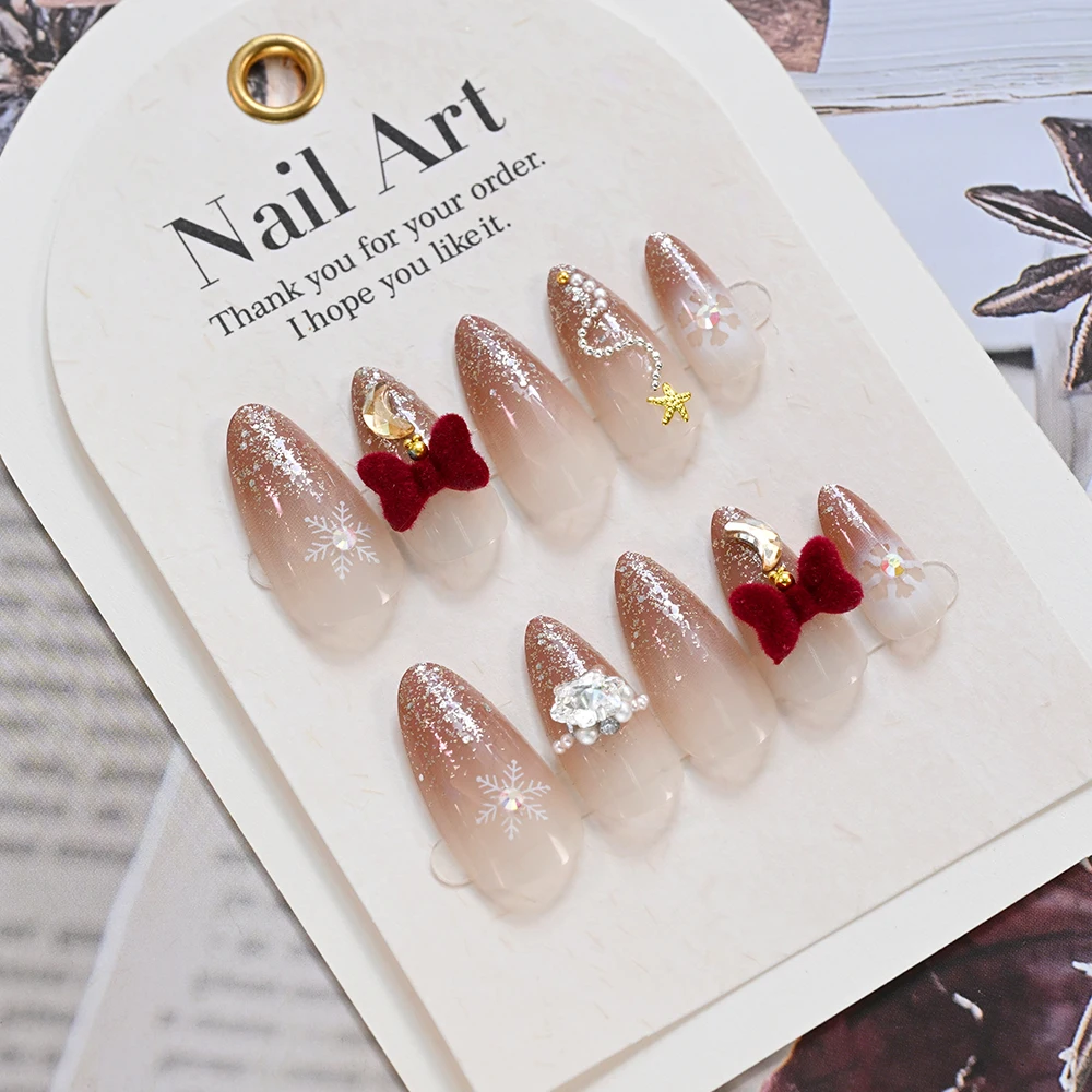 24 pçs glitter em pó francês natal unhas falsas floco de neve amêndoa cobertura completa unhas falsas com bowknot strass imprensa em unhas