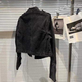 Punk Style Black Stand Up Collar Denim Jackets Vintage Washed Motor Coat For Women 2025 Autumn New Loose Long Sleeve Outerwear 2