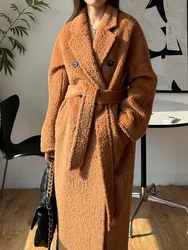 Cappotto di lana di Alpaca spesso da donna di alta qualità nuovo cappotto di lana con lacci lunghi doppiopetto Vintage giacca di Tweed allentata autunno inverno