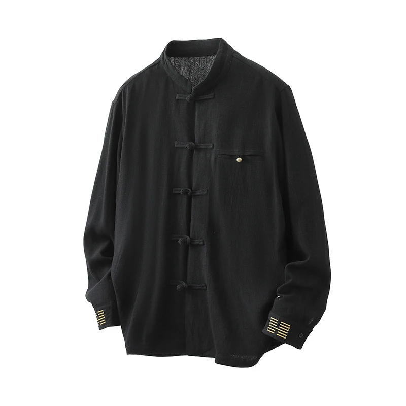 Chinese Style Men Long Sleeve Casual Shirt New Arrival 2026 Spring Vintage Stand Collar Cotton Linen Loose Male Tops Shirts N098