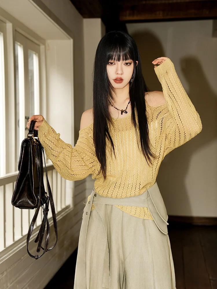 

Вязаный топ с защитой от солнца для женщин, свободная верхняя одежда с открытыми плечами, весна-лето, мягкий, ажурный дизайн, дышащая повседневная одежда