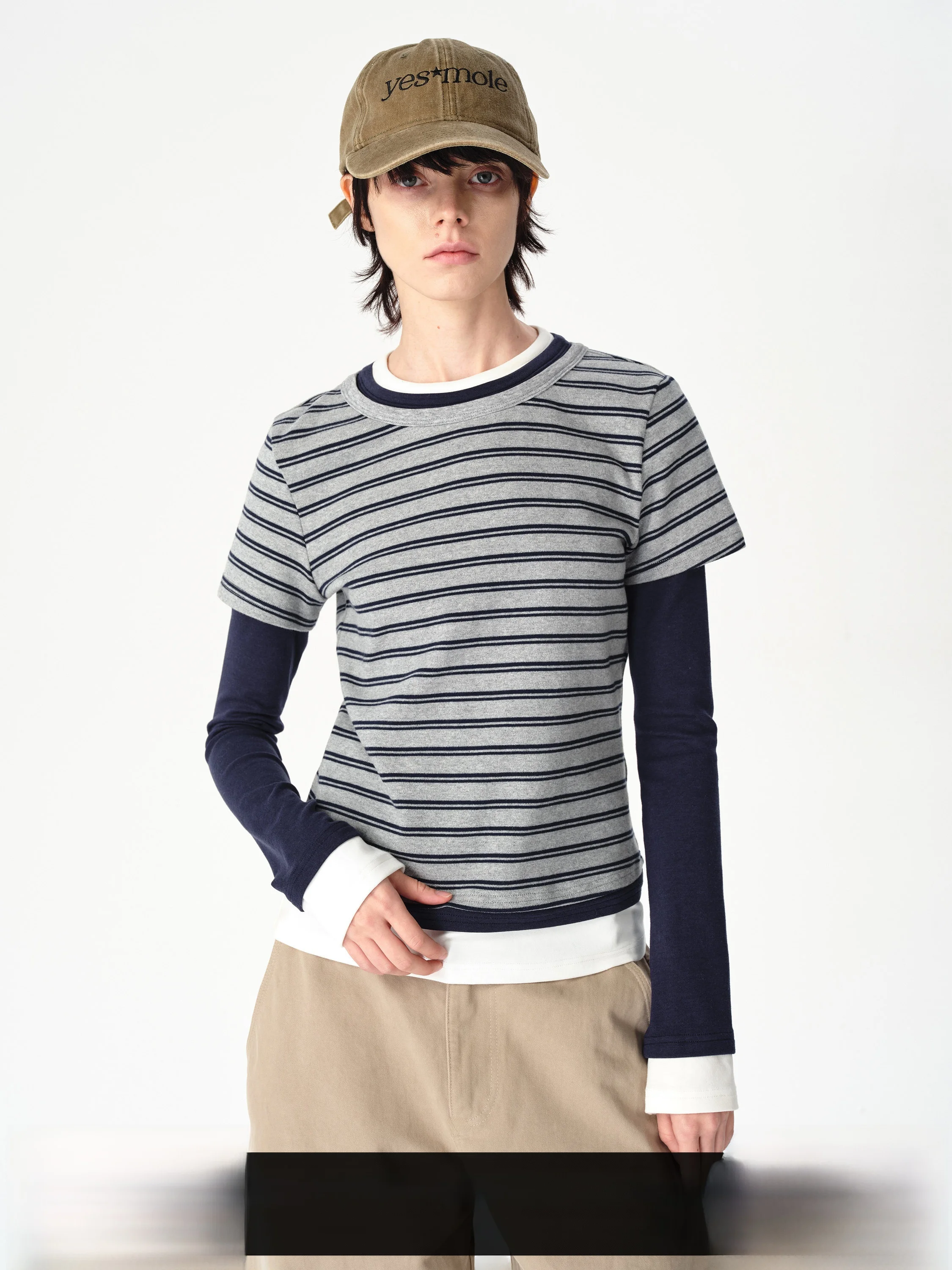 

Casual Stripe Color Blo Long Sve round Ne Slim Fit Women's T-irt Mo Two-Piece Sle Comfortable Breathable Cotton ...