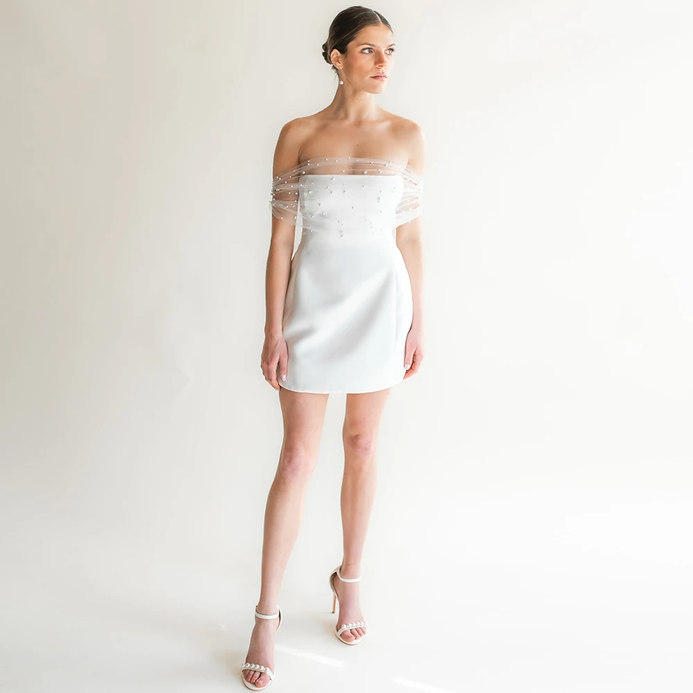 

Modern Wedding Guest Dresses Satin A-line Civil Wedding Dresses White Strapless Pearls Cap Sleeve Wedding Party Dresses Mini