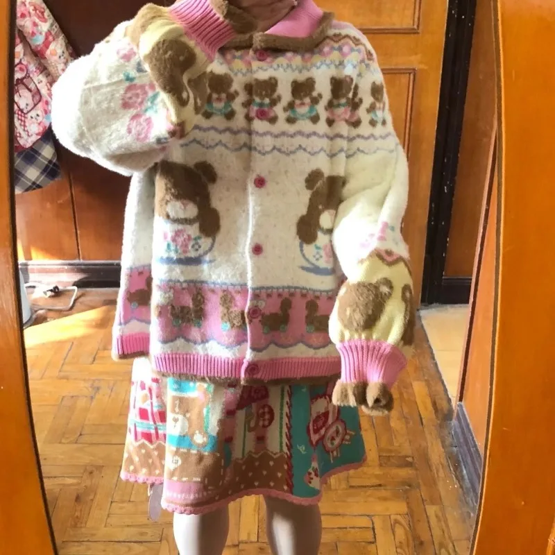 

Japanese Cartoon Jacquard Knitwear Cardigan Women Patchwork Turn Down Collar Grunge Sweater Y2k Aesthetic Casual Button ​Jacket