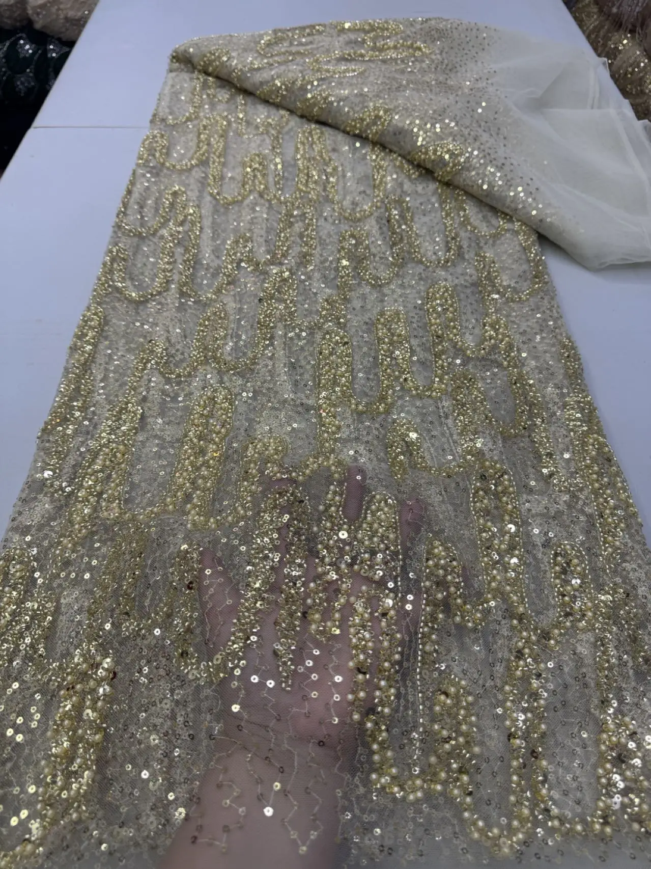 2026 France High-End Luxury Elegant Handmade Beaded Lace Fabric Nigerian With Sequins Mesh Lace Fabric For Wedding Dress Women