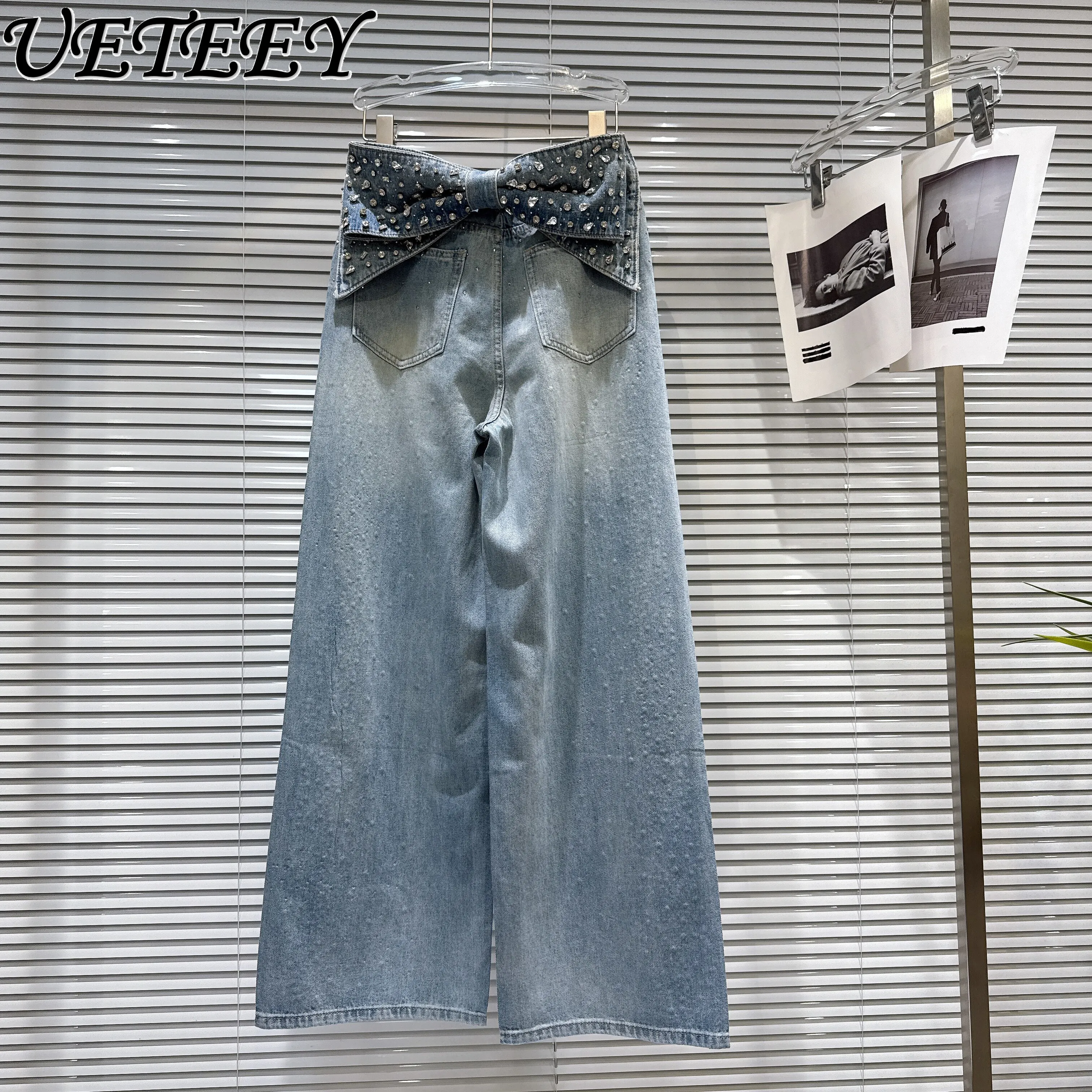 

2026 Spring New Fashion Rhinestone Bows Blue Jeans Women's Oversize Hot Diamond Sparkling Back Waist Washed Wide Leg Denim Pants