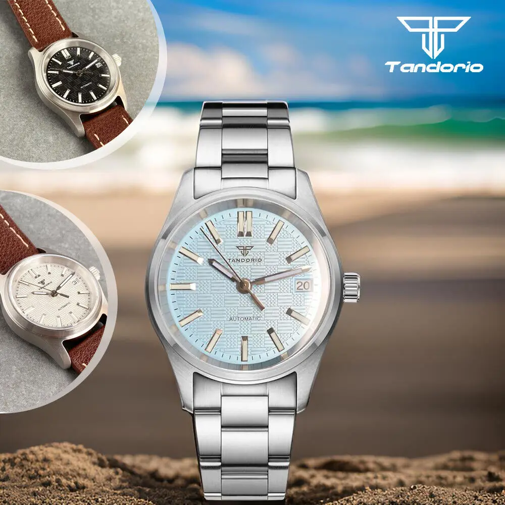 36mm Tandorio NH35A Textured Dial Automatic Mens Watch Sapphire Leather Bracelet