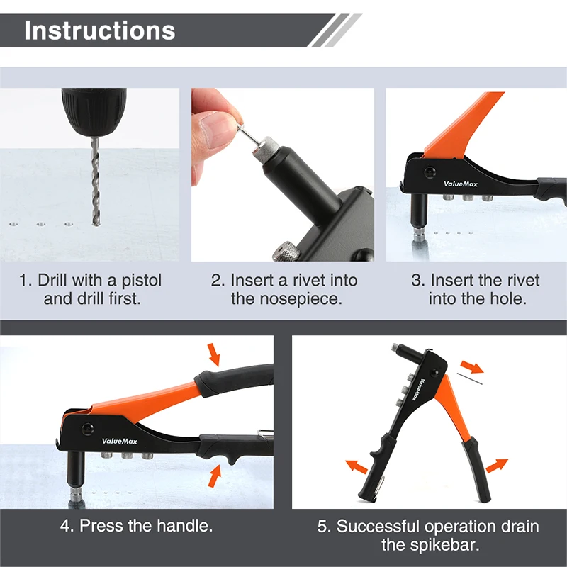 ValueMax-Manual Profissional Rivet Gun Set, Hand Riveter Tool, Reparação Em Casa e DIY com 200 Rebites, 2.4mm, 3.2mm, 4.0mm, 4.8mm