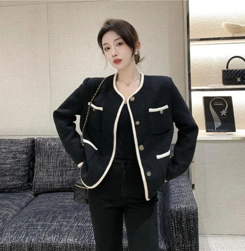 Elegant Women Tweed Jackets Autumn Korean Small Fragrance Single Breasted All Match Coats Harajuku Streetwear O Neck Outwear