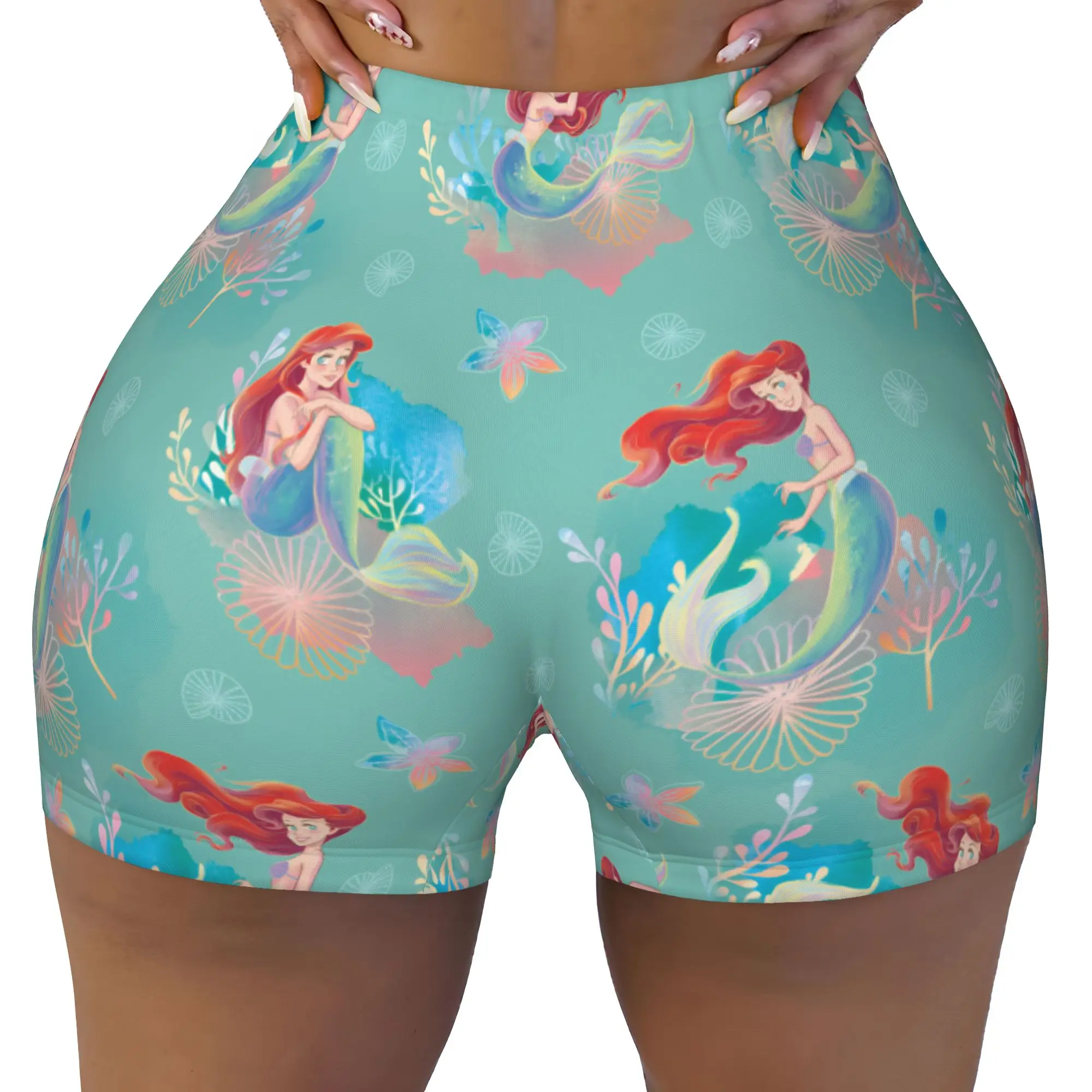 Custom Littles Anime Mermaides Biker Running Gym Shorts Women Fish Manga Athletic Workout Yoga Shorts
